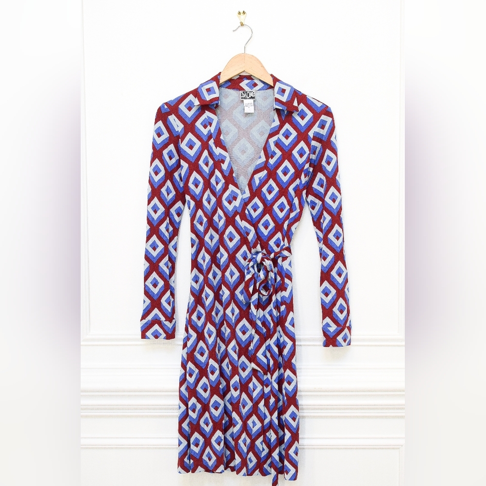 Diane Von Furstenberg Jeanne Silk Red & Blue Geometric Wrap Dress Size 6 Retro - Picture 2 of 12